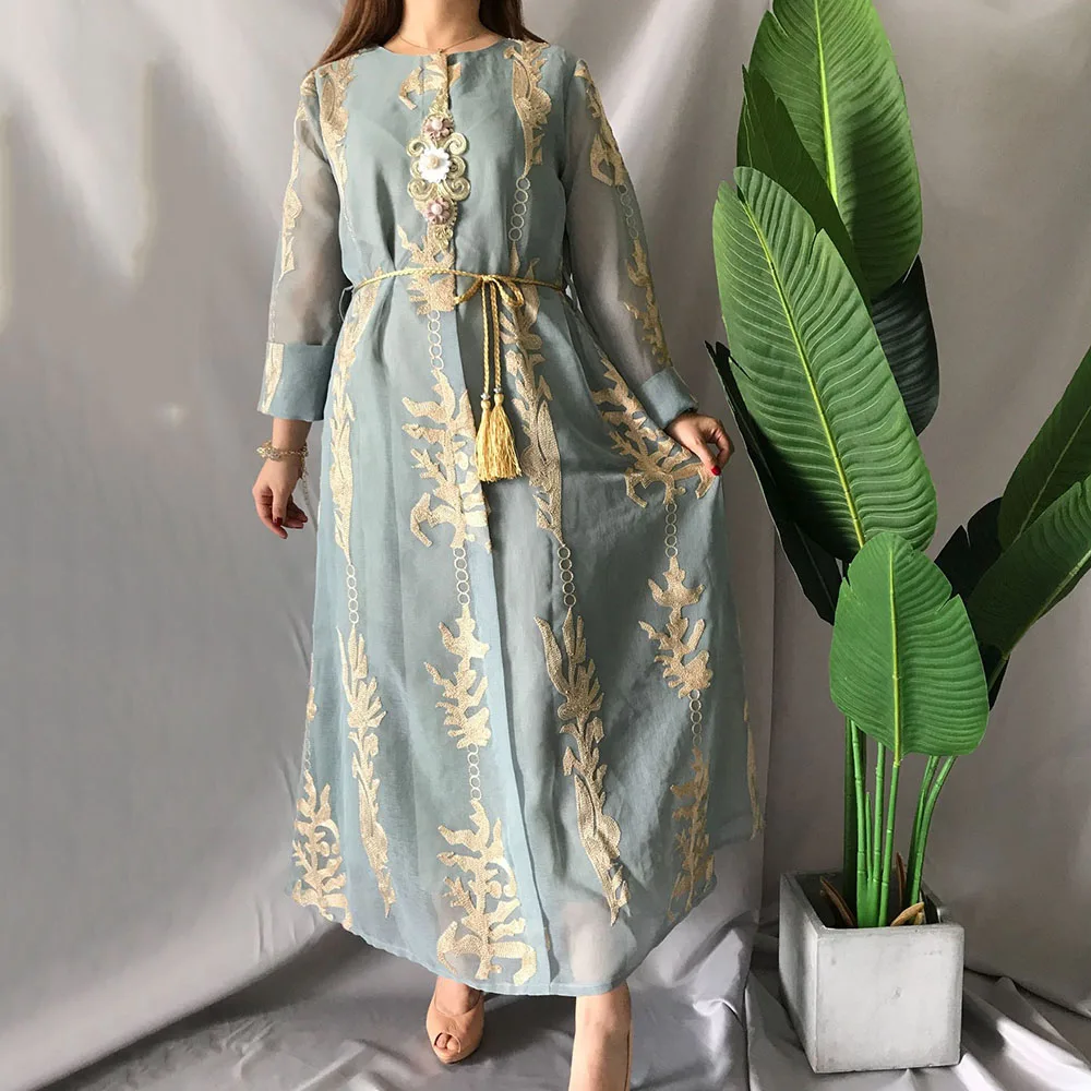 

Elegant Muslim Abaya Dubai Long Dress Women Green Pink Embroidery Autumn Vintage Robe Jalabiya Maxi Dresses 2020 Female Luxury