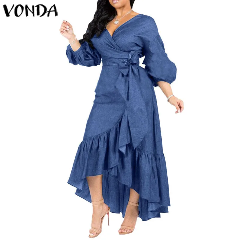 VONDA 2020 Women Summer Dress Sexy V Neck 3/4 Lantern Sleeve Party Dresses Casual Beach Sundress