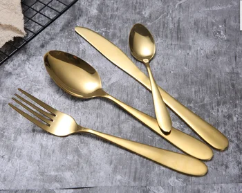 

Golden knife and fork titanium tableware stainless steel four piece steak knife and fork spoon thickened tableware 50ppcs