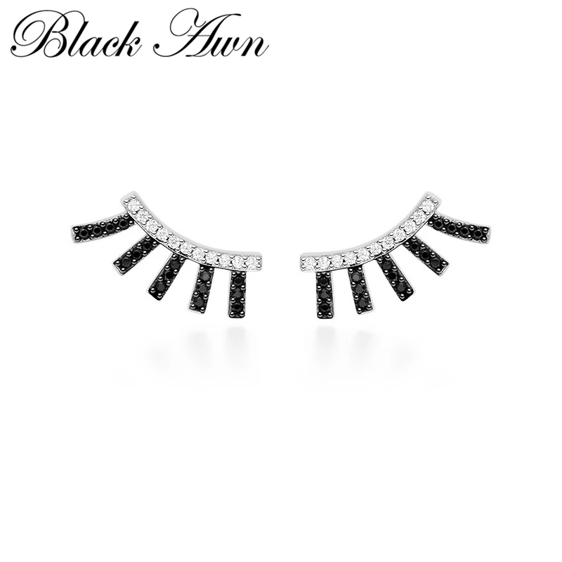 

[BLACK AWN] 925 Sterling Silver Black Spinel Cute Eyelash Stud Earrings for Women Silver 925 Jewelry I297