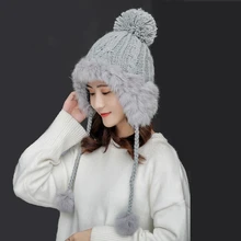 Простые шапки-ушанки, женская вязаная шапка из кроличьей шерсти, шапка с ушками, шерстяные шапочки, шапки для девочек, зимняя шапка