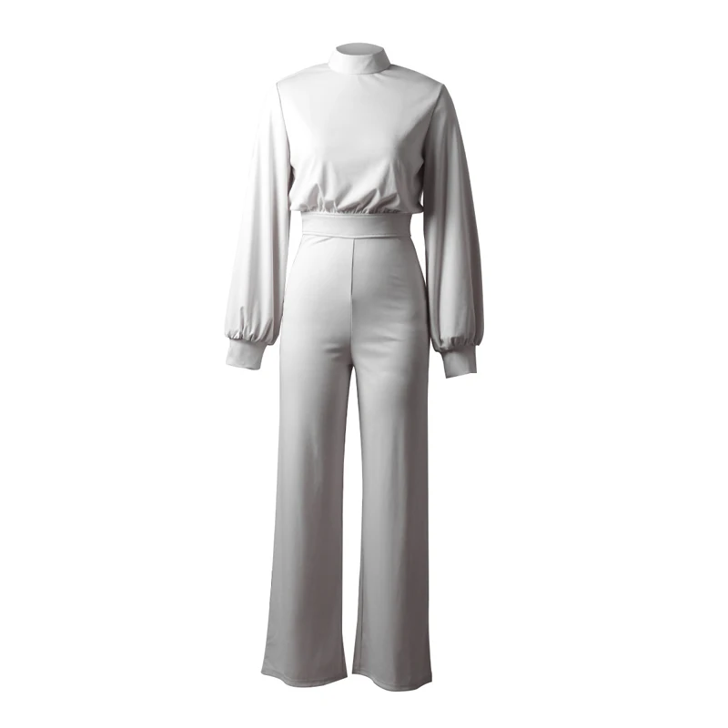 Casual Wide Leg Bodycon Jumpsuit Women OverallsLong Sleeve Rompers Half-high Collar Lantern Sleeve Backless Jump Suits for Women