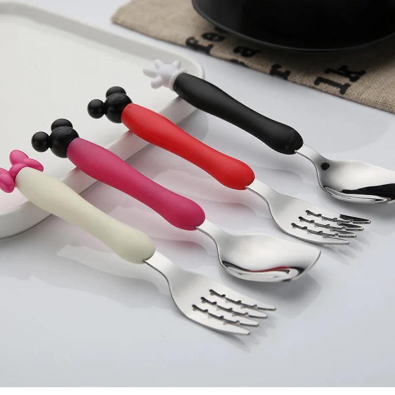 Qshare 4pcs/Set Baby Utensil Children Tableware Set Infant Stainless Steel Spoon Fork Mickey Cartoon Flatware Kids Feeding Spoon Fork Spoon Set Stainless Steel Cutlery Set Baby Cutlery