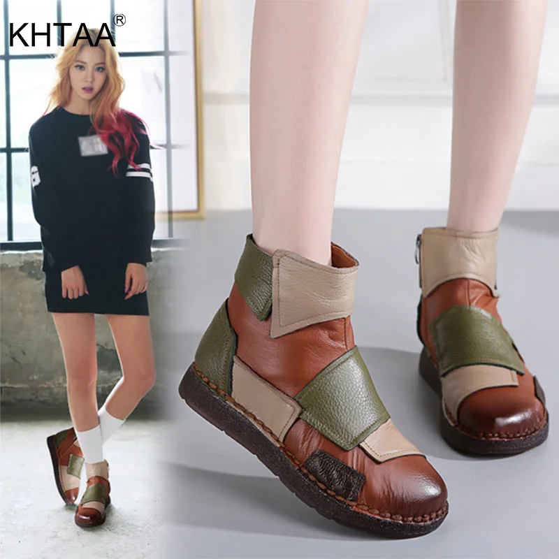 

Women Vintage Ankle Boots Genuine Leather Stitching Retro Autumn Ladies Soft Comfortable Platform Female Winter Plush Shoes New