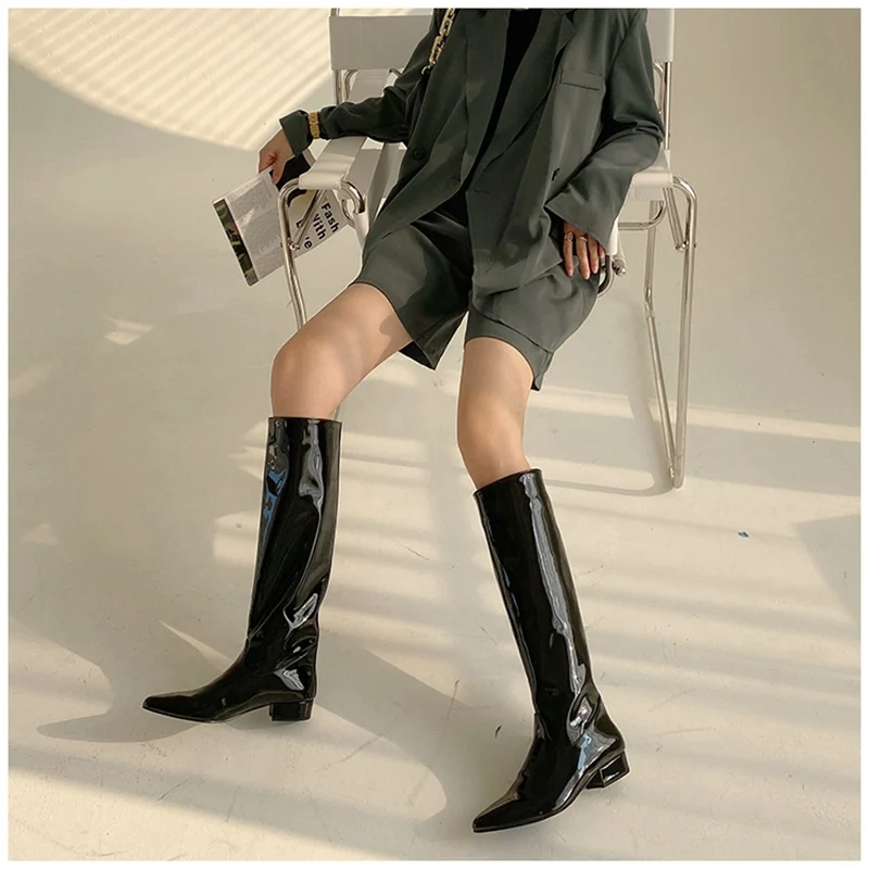 Boot-Shoes Chelsea-Boots Low-Heel Designer Pointed-Toe Knee-High Women Brand Slip-On