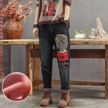Осень Зима толстые вельветовые джинсы для женщин ретро джинсовые штаны вышивка Лоскутная Повседневная Женская хлопок флисовые брюки