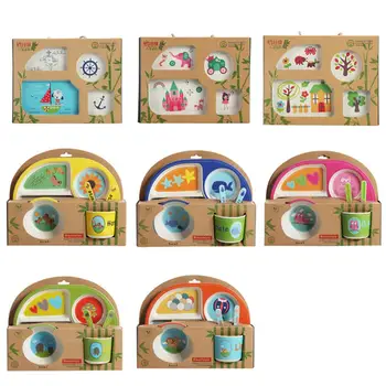 

5pcs/set Natural Bamboo Fiber Baby Dish Tableware Children Cartoon Feeding Kids Dishes Dinnerware With Bowl Fork Cup Spoon Plat