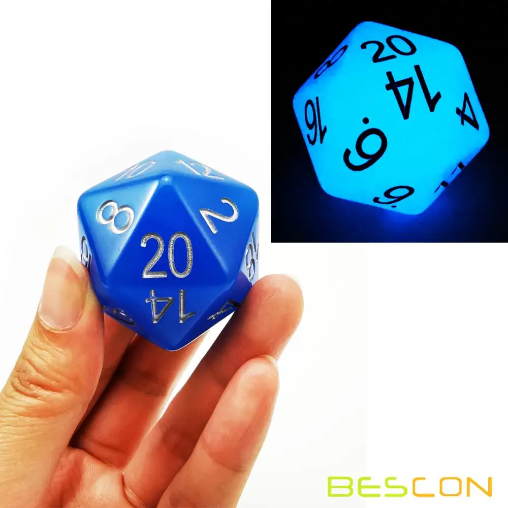 Glowing Blue Bescon Jumbo светящиеся D20 38 мм, большой размер 20 сторон кости 1,5 дюймов, большой 20 граней кубик в различных твердых, блестящих, светящихся цветов - Цвет: Glowing Blue