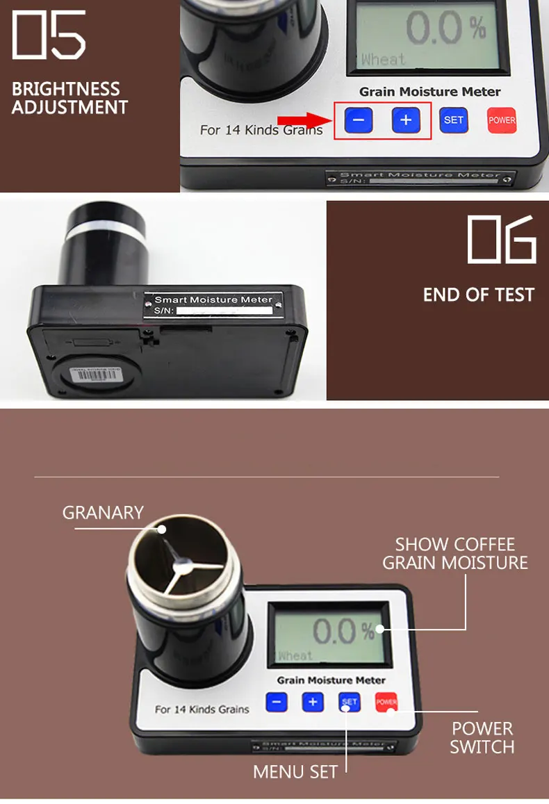 Inteligente Grão Medidor de Umidade, Display Digital, Café Feijão Cacau Trigo Milho Analyzer, Tester Grãos, Grãos, 14 Tipos