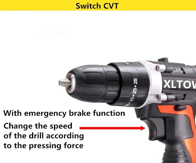 XLTOWN двухскоростная Ударная дрель перезаряжаемая литиевая батарея электрическая отвертка бытовая ручная дрель с функцией ударной дрели
