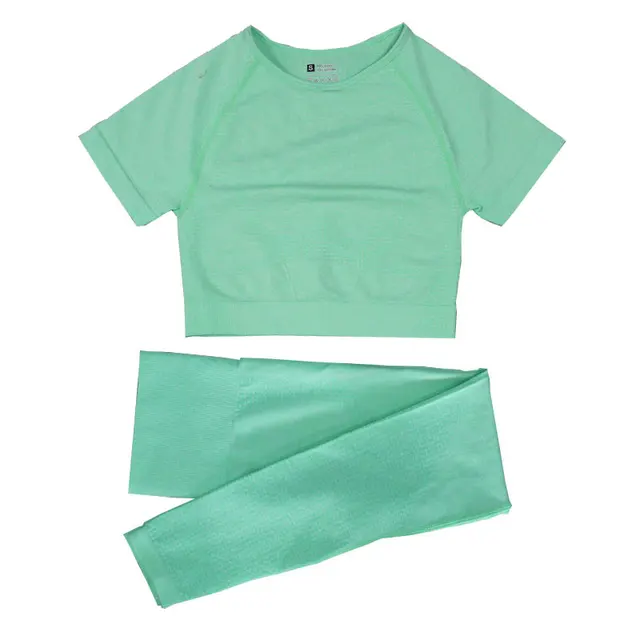 2/3/5PCS Women Sportswear Yoga Set Gym Clothing Tracksuit Long Sleeve Crop Top High Waist Seamless Leggings Fitness Sports Suits Short green