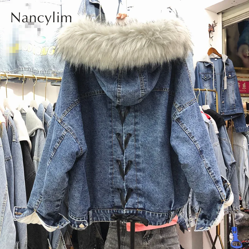 

Velvet Thick Denim Jacket Female Winter Big Fur Collar Korean Locomotive Lamb Coat Female Student Short Back Stringing Jackets