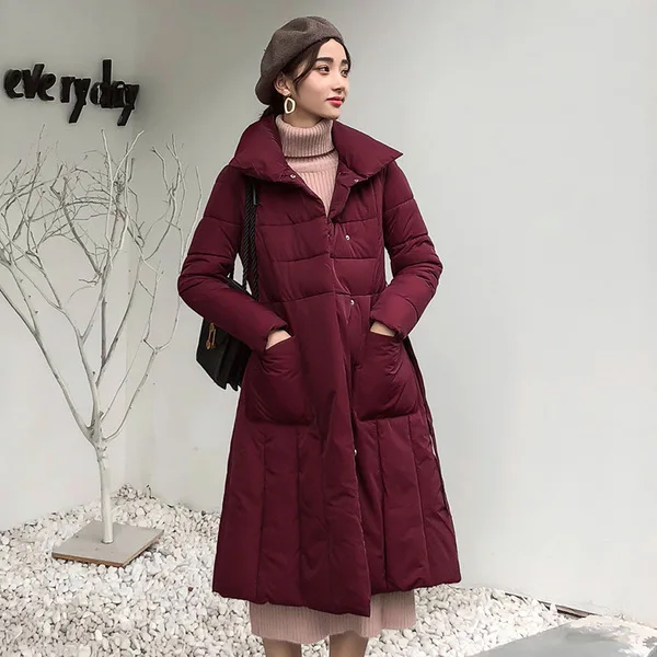 

2018 Winter New Style Korean-style Long over-the-Knee Slim Fit Thick Stand Collar Hem Belt down Jacket Cotton-padded Clothes Coa