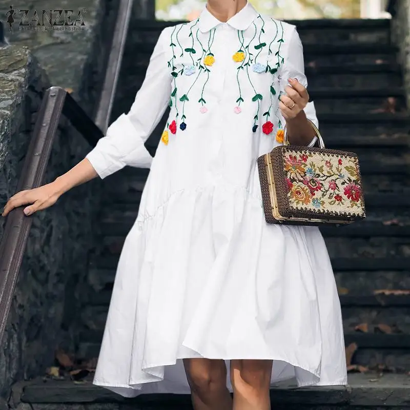Модное женское платье с вышивкой осень 2021 свободная рубашка Vestidos ZANZEA элегантное