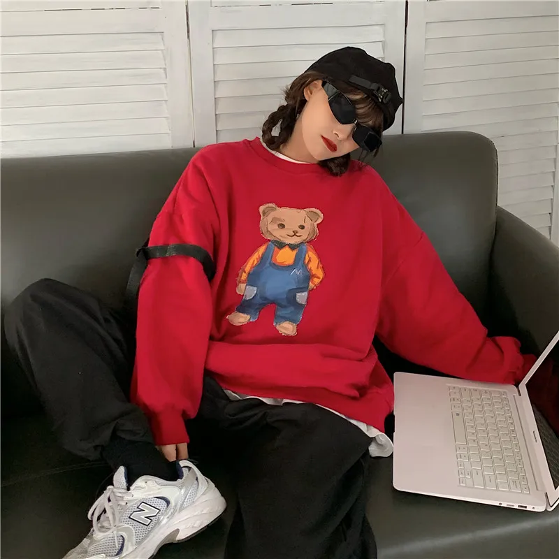 

Sweatshirt Women's Hoodie Bear Print Loose-Fit Fleece-Lined Thick Pullover Sweater 2020 Winter Casual Hoodie Street xi ha zhuang