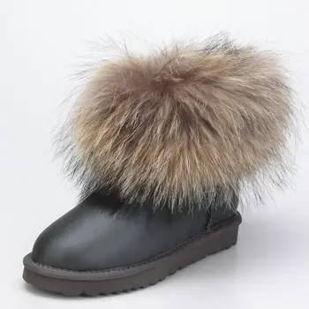 

Fashion Real Raccoon Fur Women Snow Boots Genuine Sheepskin Leather Warm Wool 100% Nartural Fur Winter Boots Ankle Boots Shoes