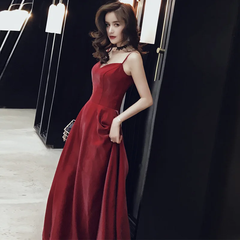 

2020 Special Offer Toast Dress The Bride Wine Red Nobility Banquet Evening Wear Long Thin Skirt with Shoulder-straps Host