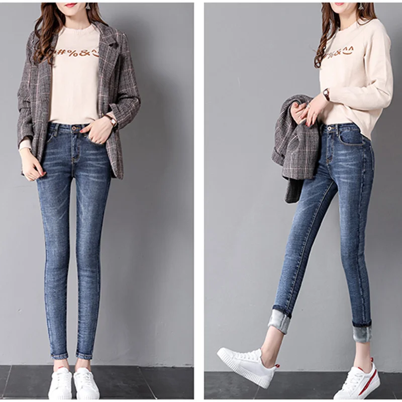 Женские джинсы с флисовой подкладкой, облегающие зимние узкие теплые брюки штаны с высокой талией, женские бархатные теплые обтягивающие джинсовые узкие брюки