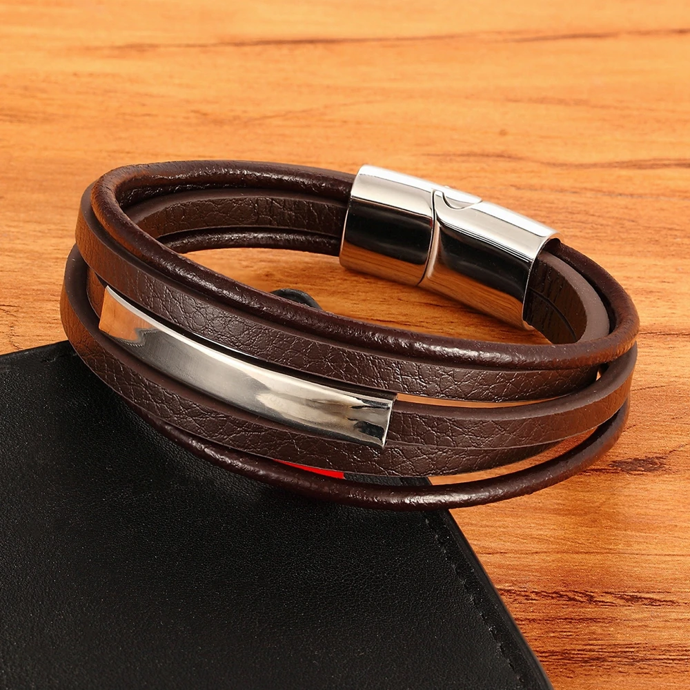 Geometric Stainless Steel Accessories Combination Leather Men’s Bracelet Classic Multi-layer Luxury Style For Handsome Boys Gift