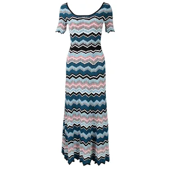 

Peacock Blue Tight Long Knitted Dress Women Ice Silk Wavy Striped Long Dress Women's Short Sleeve Knit Elastic Summer Maxi Dress