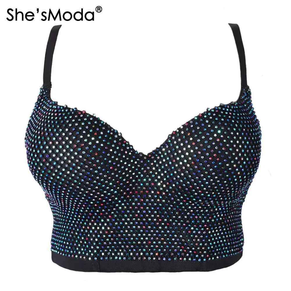 She'sModa сетчатый женский бюстье с бриллиантами, бюстгальтер для ночного клуба, вечерние, укороченный топ, жилет размера плюс