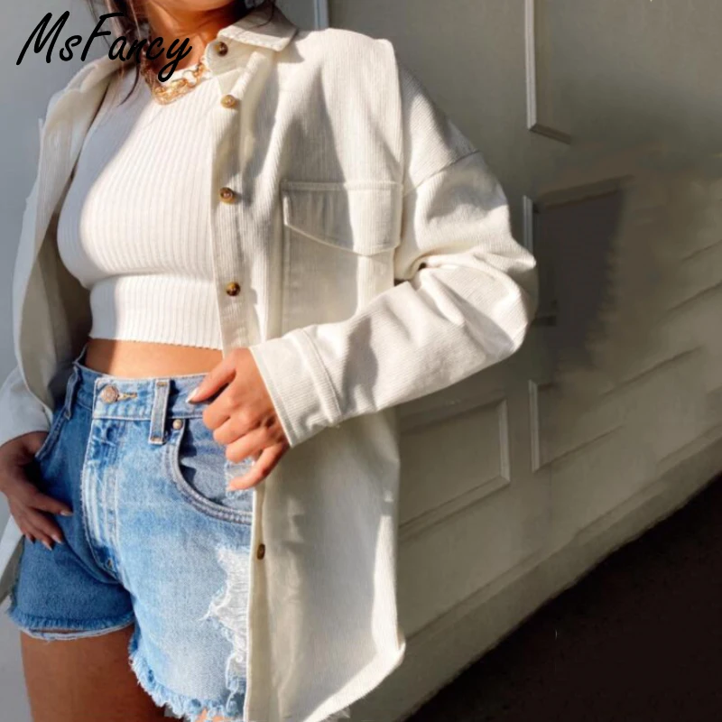 Msfancy Corduroy Shirt Coat Women White Long Sleeve Single Breasted