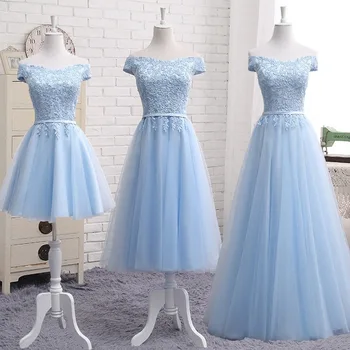 

Sky Blue Lace Tulle Bridesmaid Dresses 2020 Off Shoulder Wedding Guest Dress Lace Up Party Gowns