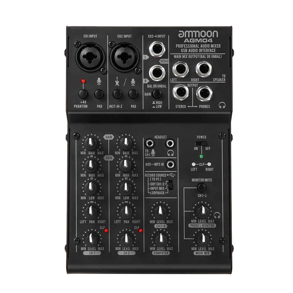 

ammoon 4-Channel Mini Mixing Console Digital Audio Mixer 2-band EQ Built-in 48V Phantom Power 5V USB Powered