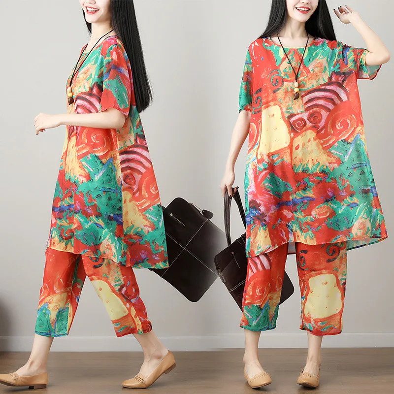 

2018 Summer New Style Fat Mm Literature And Art Printed Chiffon Loose And Plus-sized Dress Capri Pants Two-Piece Set Women's