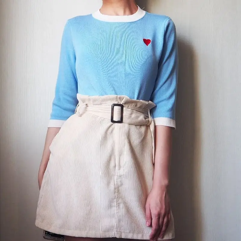 GIGOGOU Half Sleeve Sweater Women Pullovers Spring Autumn Knitted Jumper Tops Embroidery Heartshape Jersey Mujer Pull Femme Hive