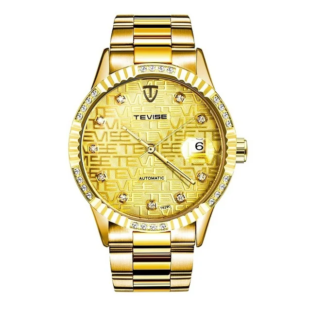 Мужские часы TEVISE Diamond Gold часы мужские Дата светящаяся водонепроницаемые часы мужские деловые часы автоматические механические наручные часы - Цвет: Full gold