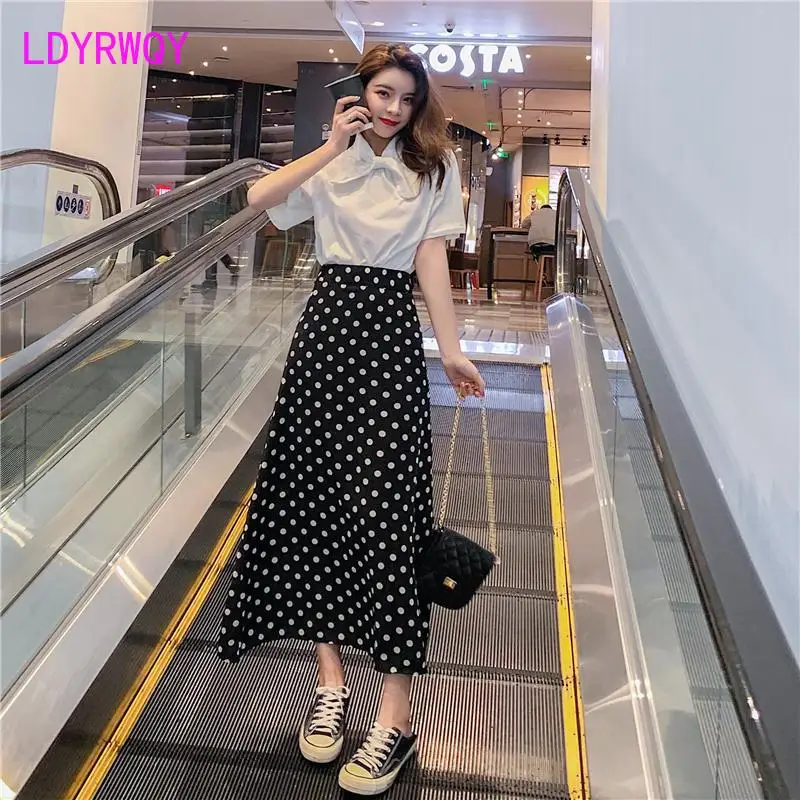 LDYRWQY Spring 2020 new high waist polka dot skirt Knee-Length  Polyester  Chiffon  Casual  Dot Casual