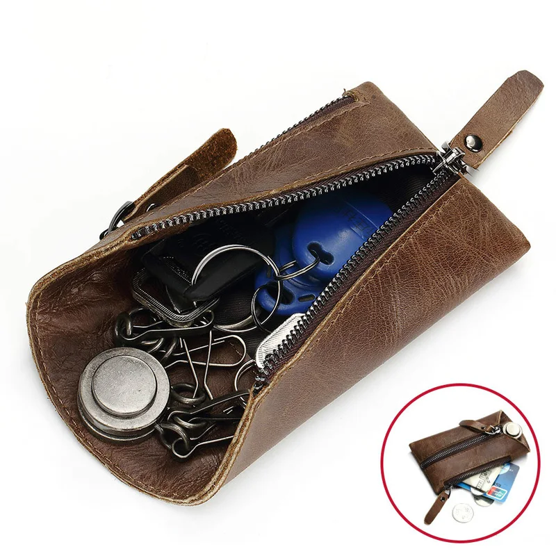 

Genuine Leather Men Car Key Holder with Coin Purse Vintage Key Wallet Business Male Keys Organizer Housekeeper Zipper Keychain