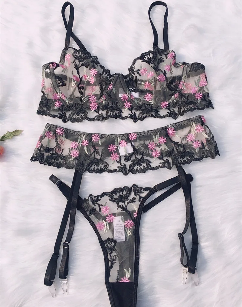 Sexy Embroidered Flower Design Bra Briefs With Steel Ring Gathered