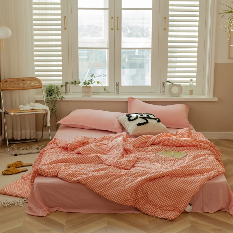 Летнее одеяло в клетку модное покрывало оранжевое тонкое мягкое для кровати