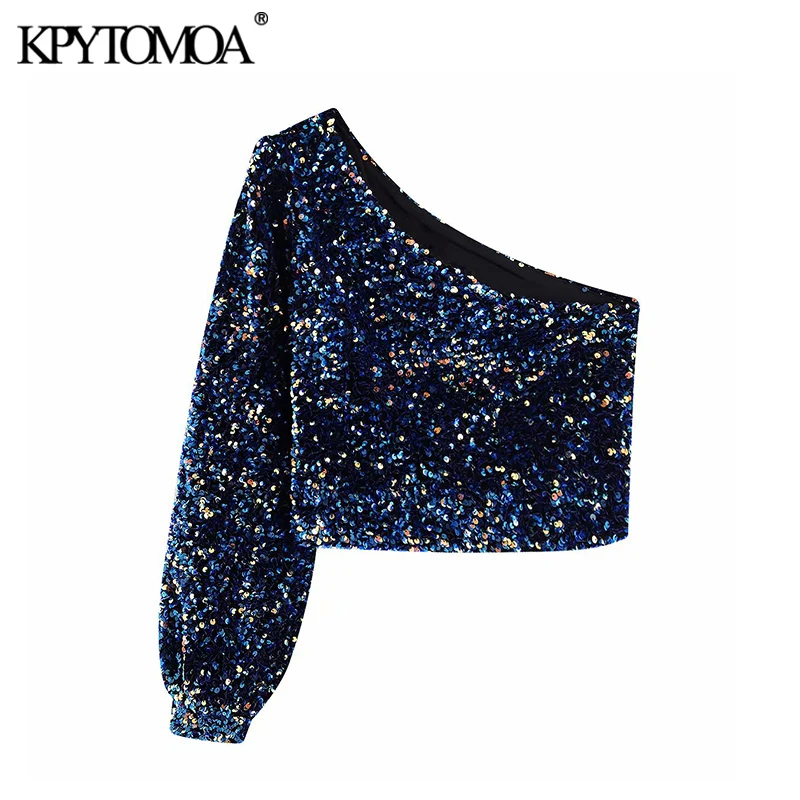 

Vintage Sexy One Shoulder Sequined Blouses Women 2020 Fashion Long Sleeve Side Zipper Stretchy Female Shirts Chic Crop Top