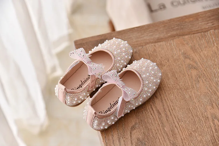 New Girls Single Princess Shoes Pearl Shallow Children's Flat Shose Kid Baby Bowknot Shoes 2022 Spring Autumn B207