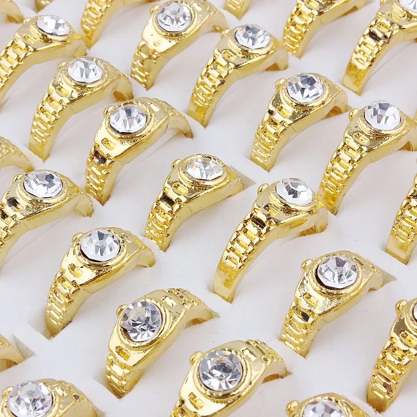 

Wholesale Lots Job 10Pcs Crystal Rhinestone Gold Women Imitation Watch Ring Engagement Wedding Party Gift