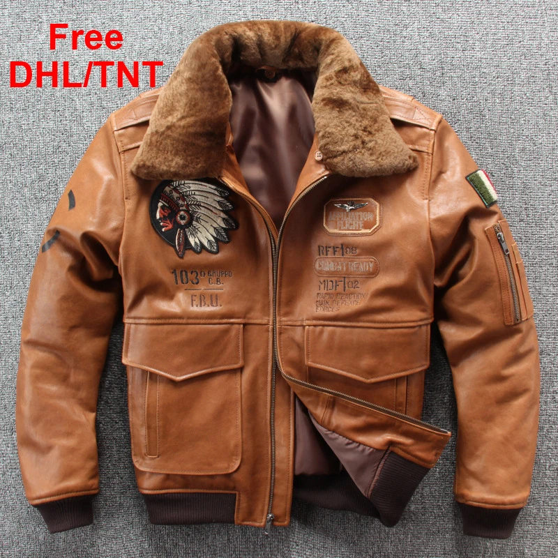 

Men Embroidery Indian Skull Air force flight A1 Pilot Sheepskin Jacket Casual Wool collar Genuine Leather Coat Male Free DHL/TNT