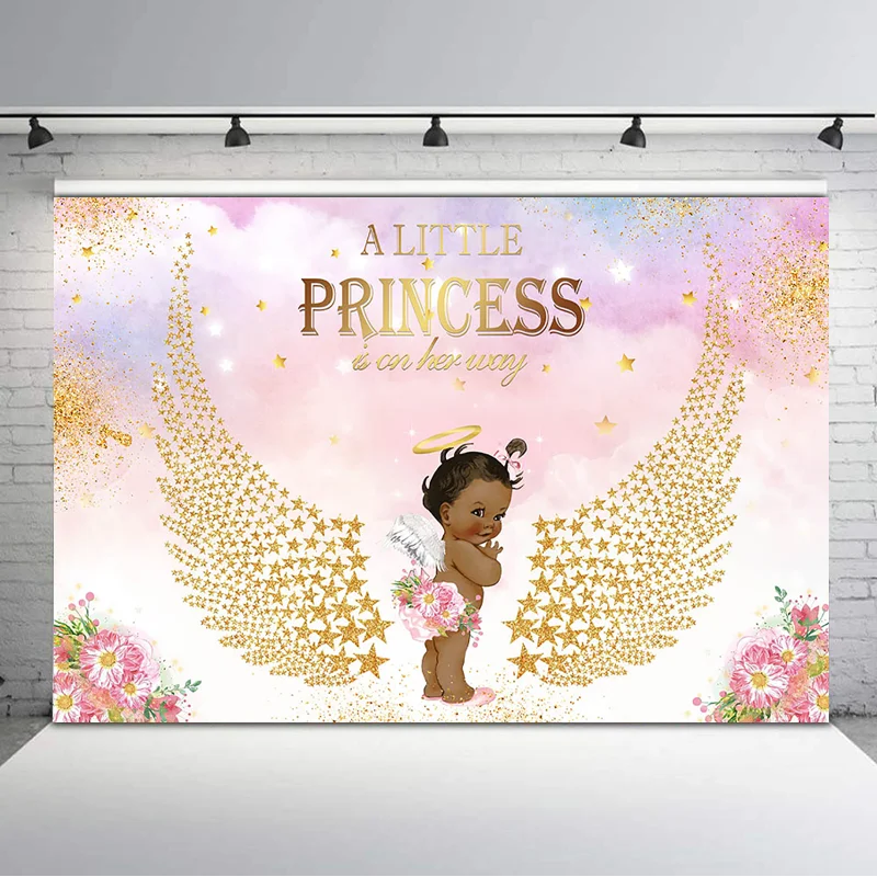 

Angel Princess Baby Shower Backdrop Golden Stars Wings Pink Flowers Photography Background Dessert Table Decor Banner Backdrops