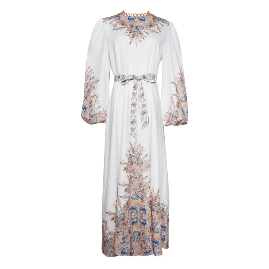 Autumn Long Dress Full Sleeve Flower Printed Elegant Dress with Sashes Higg Waist O-neck Vintage Dress Women Vestidos
