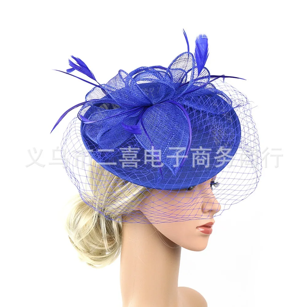 Аксессуары для невесты Jockey Gorro Королевский синий женские вечерние шапки с перьями льняная Свадебная шляпка с лицевая вуаль SQN047