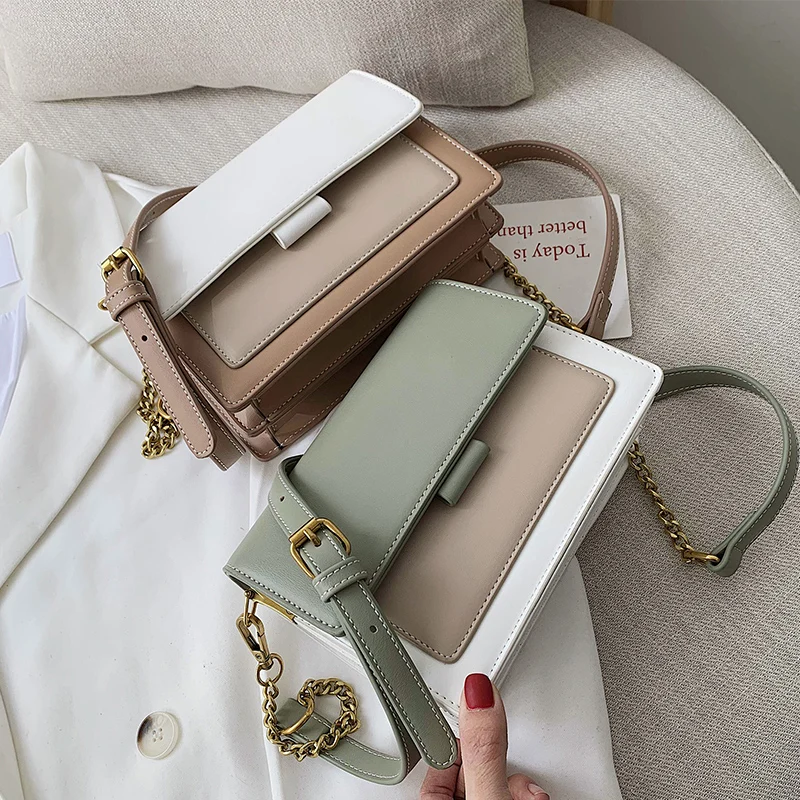 LEFTSIDE Contrast color Leather Crossbody Bags For Women 2021 Travel Handbag Simple Shoulder Simple Bag Ladies Cross Body Bag