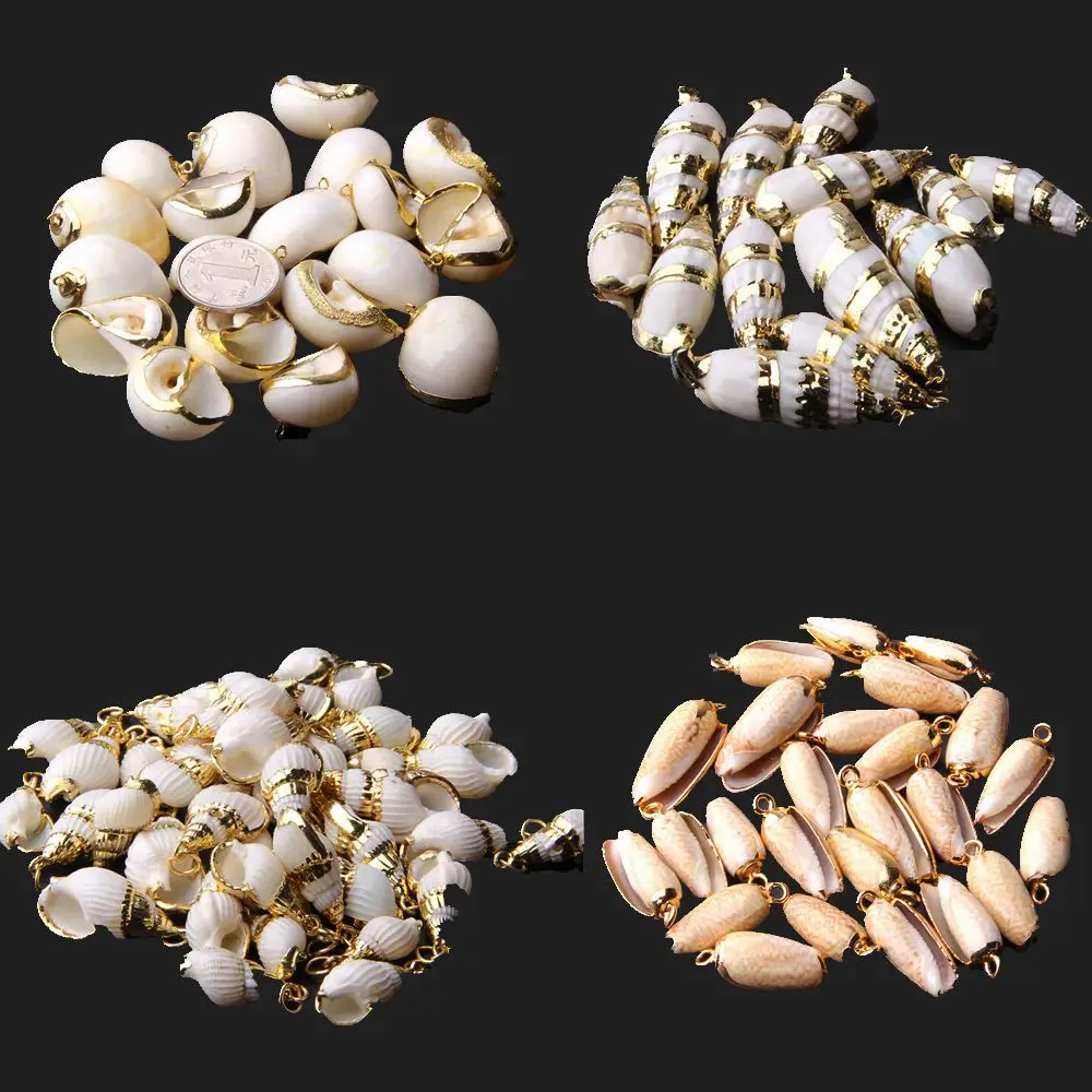 

4Pcs White Seashell Conch Charms Top Hole Golden Plated Loose Shell Spiral Beads Cowrie Pendant for Jewelry Making Crafts DIY