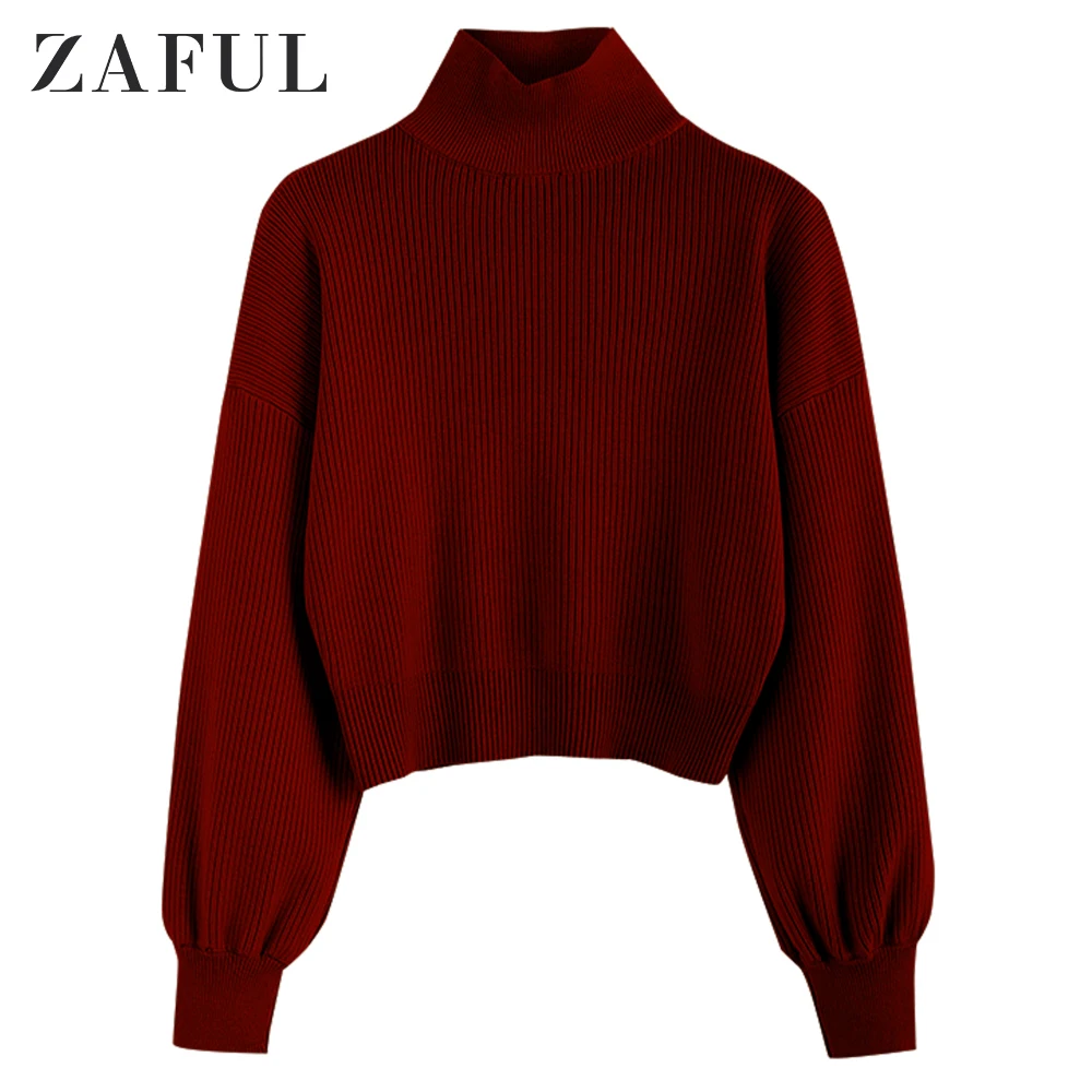 Chestnut ZAFUL простой свитер с заниженным плечом и высоким воротником, короткий эластичный Однотонный свитер, осенне-зимний теплый Женский Повседневный пуловер - Цвет: Chestnut