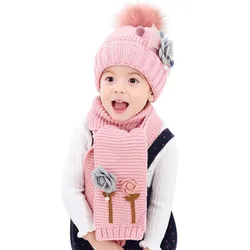 New 2021 Flower Hockey Hat Set Velvet Wool Children's Boy Knitted Fur Hat Winter Fashion Warm 2 Piece Baby Girl Scarf Hat Set