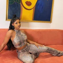 Women Sexy Snakeskin Matching Sets Strapless Printed 2 Piece Yoga Set Streetwear Backless Halter Workout Clothes Crop Top Pants