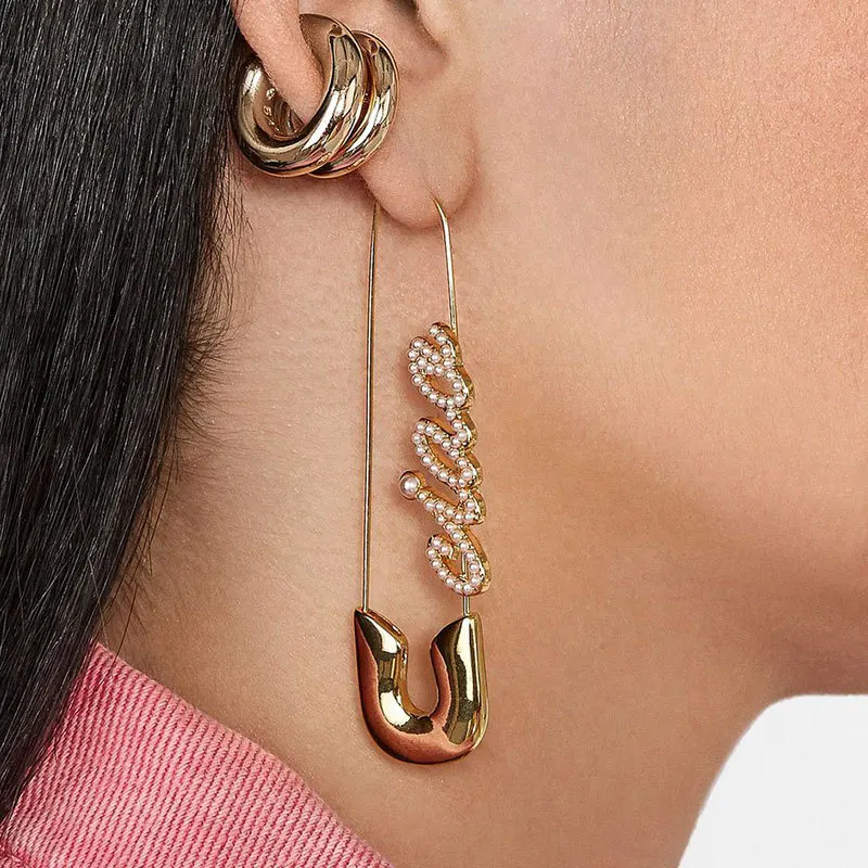 

Unique Design Letter Imitation Pearl CZ Paperclip Safety Pin Stud Earring for Women Girl Punk Body Piercing Earrings Accessories