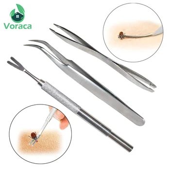 

3 INT1 Tick Removal Kit Tools Flea Remover Pet Dog Stainless Steel Pointed Tweezers Fork Puppy Supplies Double-ended Clip
