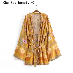 Chu Sau beauty, новинка 2019, богемное шикарное кимоно с цветочным принтом, женское пляжное стильное Модное Длинное платье с поясом, женское
